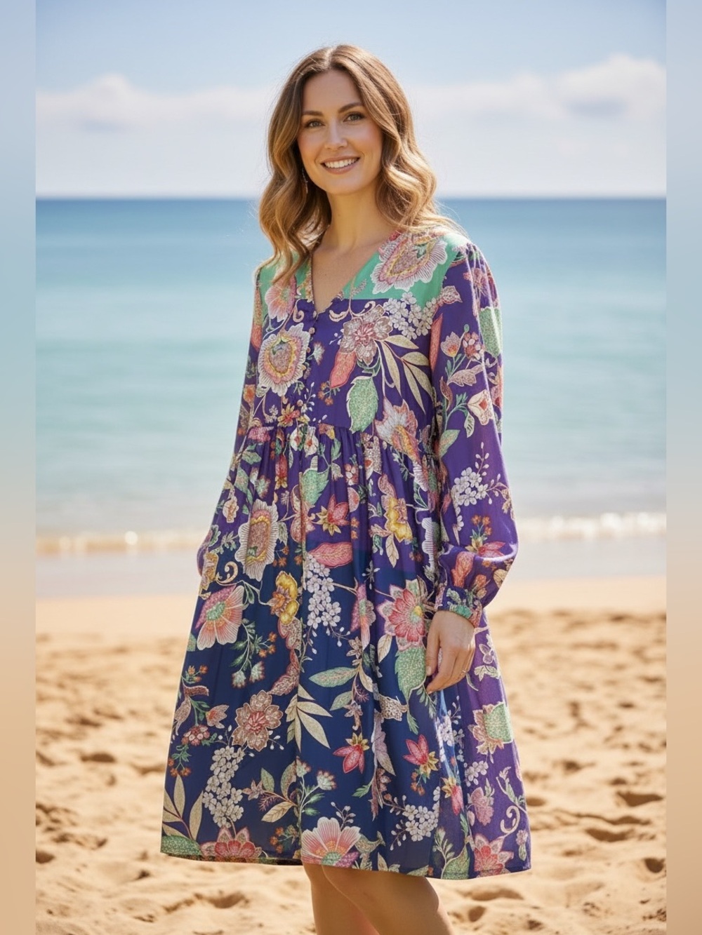 Johnny Was Purple Silk Dress with Mint and Pink Accents
